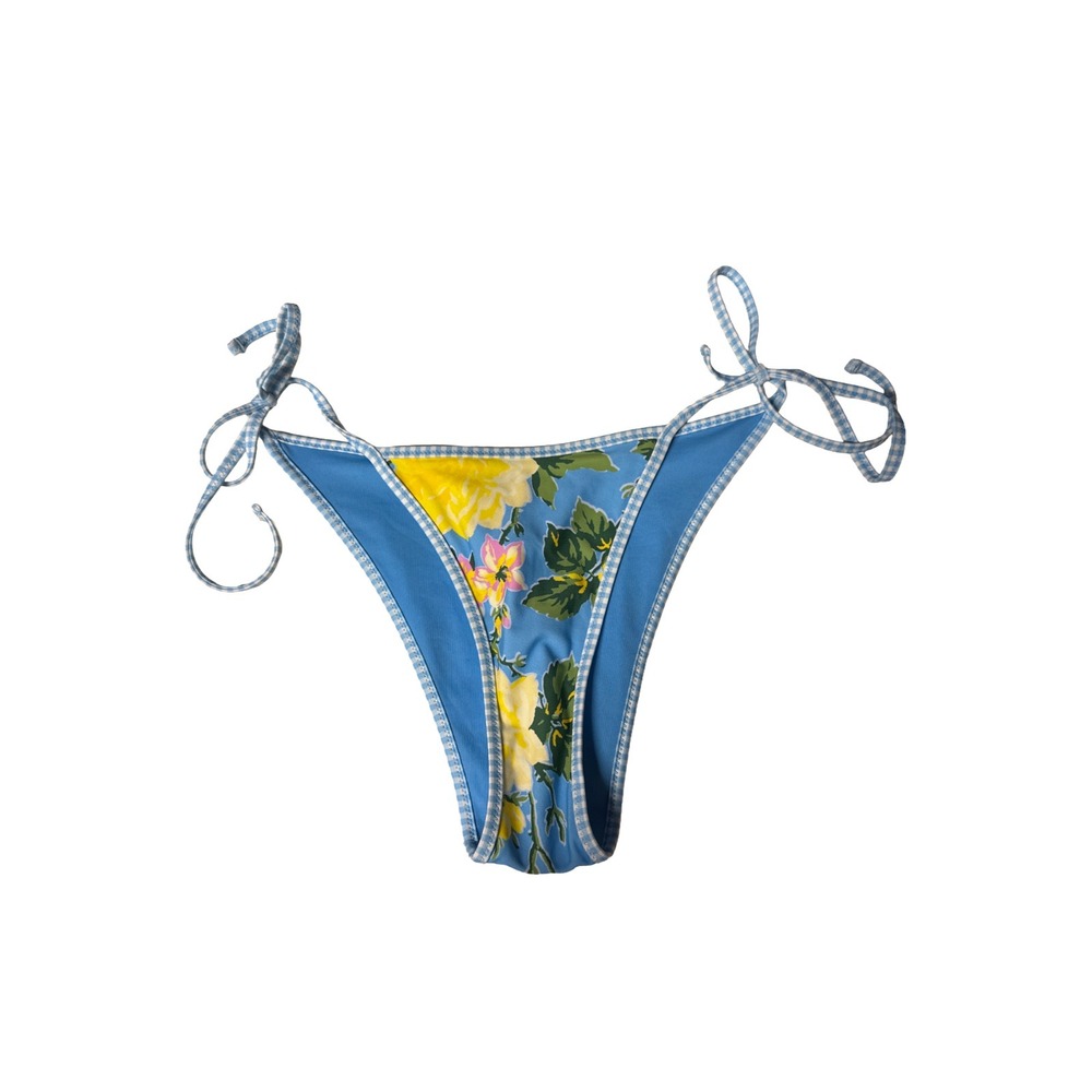Aerie Floral Tie Side Bikini Bottom Blue Gingham Trim Cheeky Swim Size S NWT